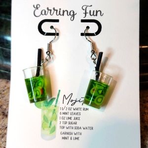 MOJITO Green Dangle FUN Earrings & Mojito Recipe on card NWT